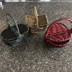Set of Three Woven Small Baskets in Black, Brown, and Red